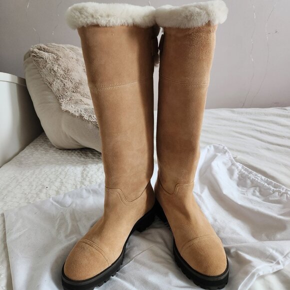 New Stuart Weitzman Alpine Shearling Trim Leather Knee High Leather Boots - Picture 3 of 13